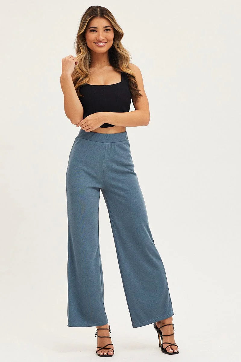 Blue Flare Pants High Rise