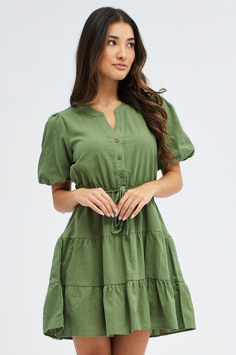 Green Shirt Dress Short Sleeve Tiered