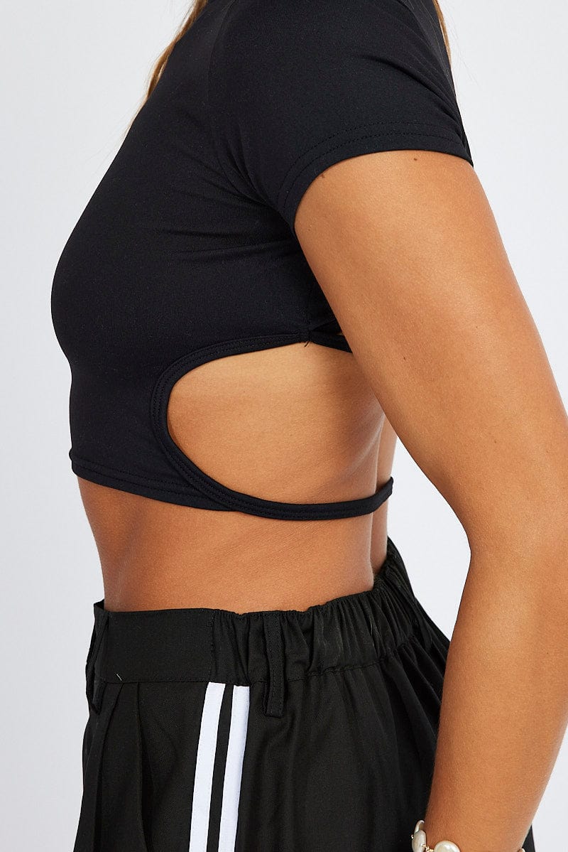 Black Supersoft Top Backless Crop Short Sleeve