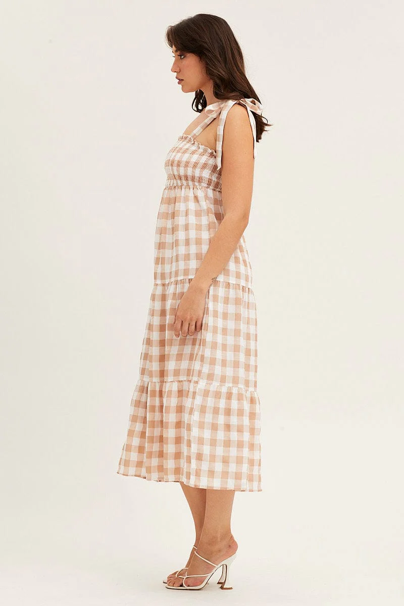 Check Tied Shoulder Midi Dress