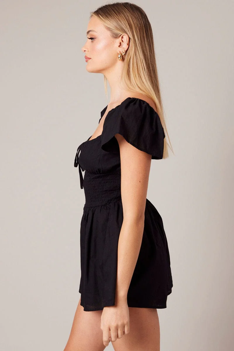 Black Shirred Playsuit Short Sleeve