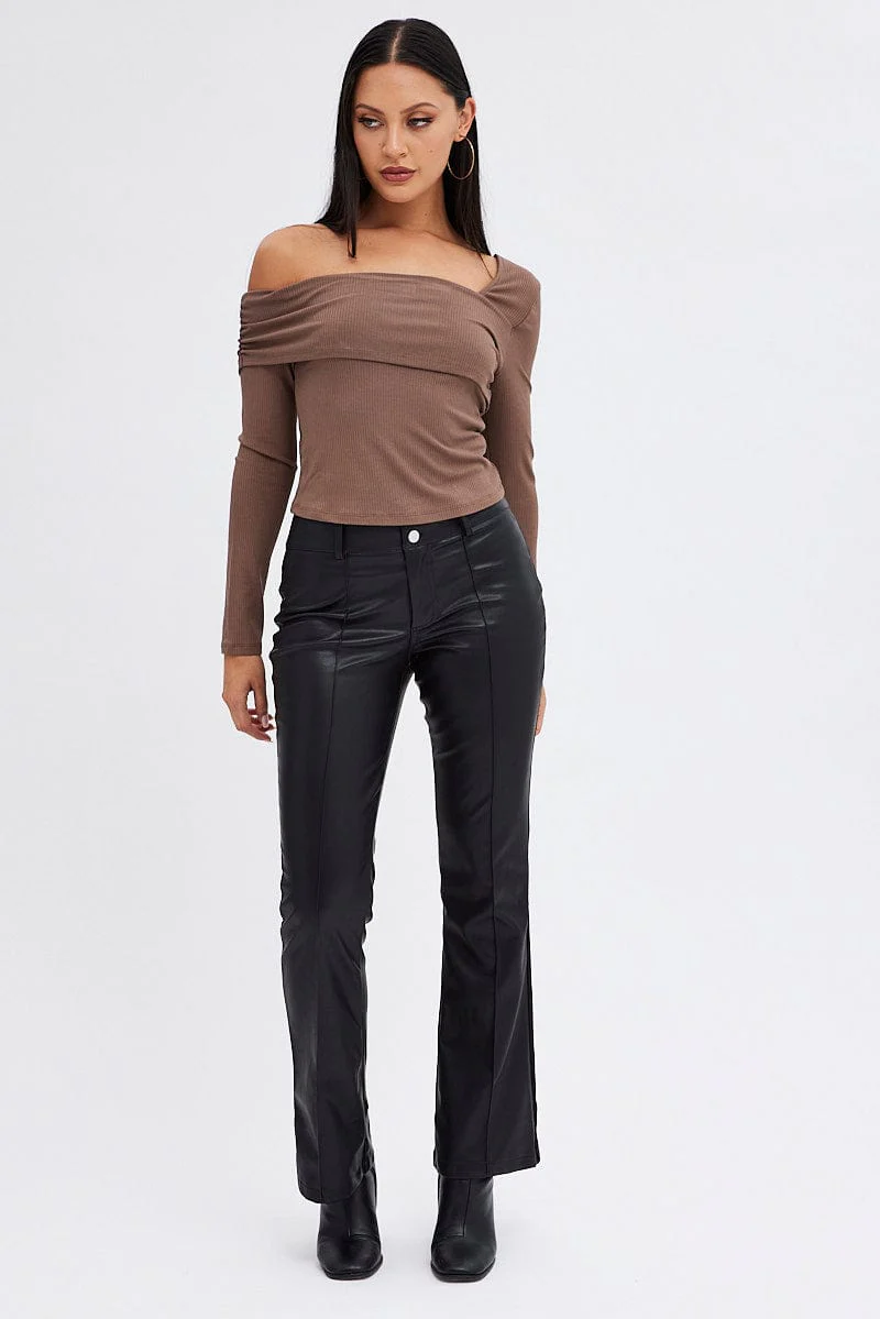 Brown Top One Shoulder Long Sleeve Rib