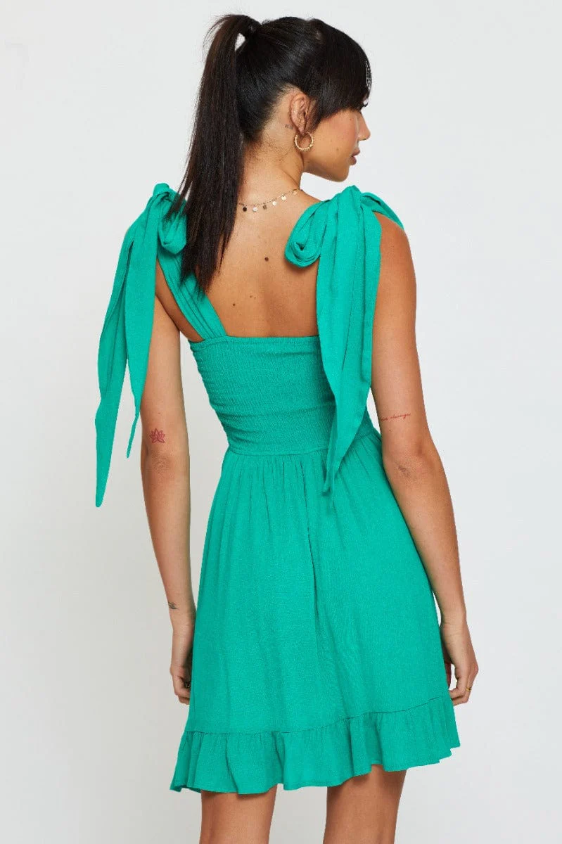 Green Fit And Flare Dress Sleeveless Tie Shoulder