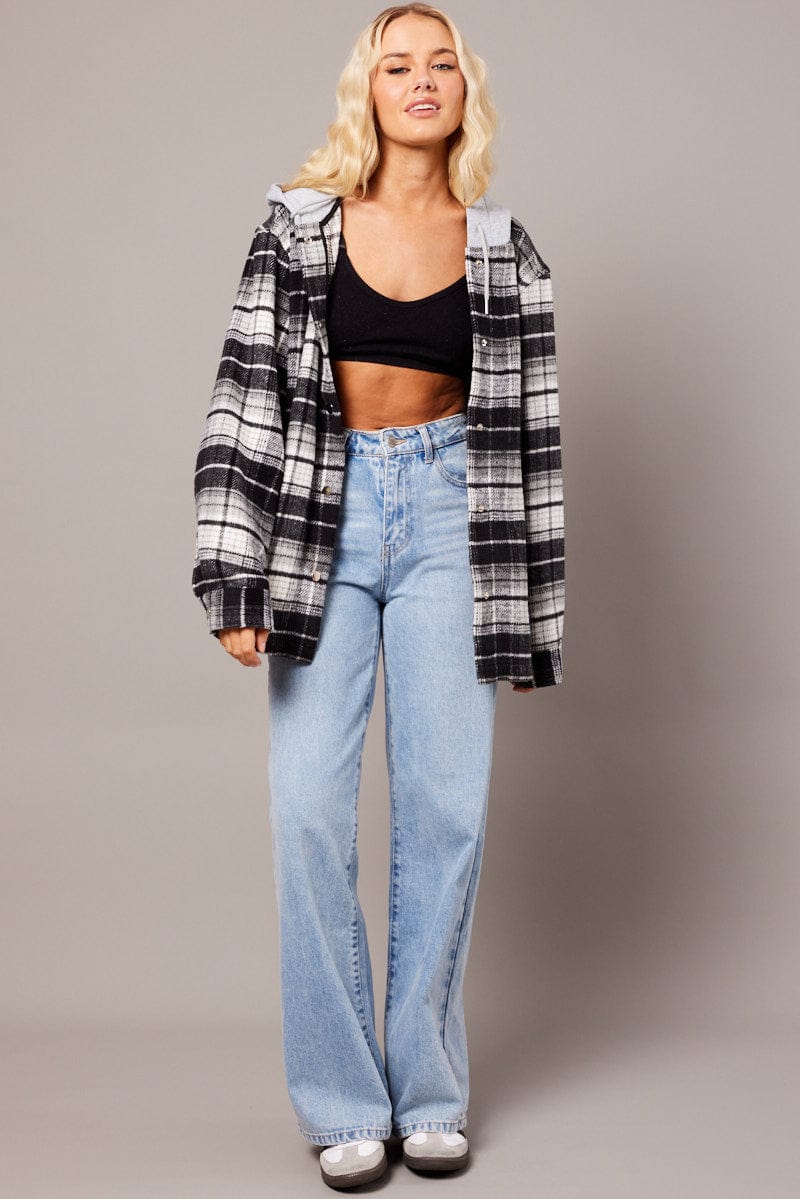 Black Check Hoodie Shacket Long Sleeve