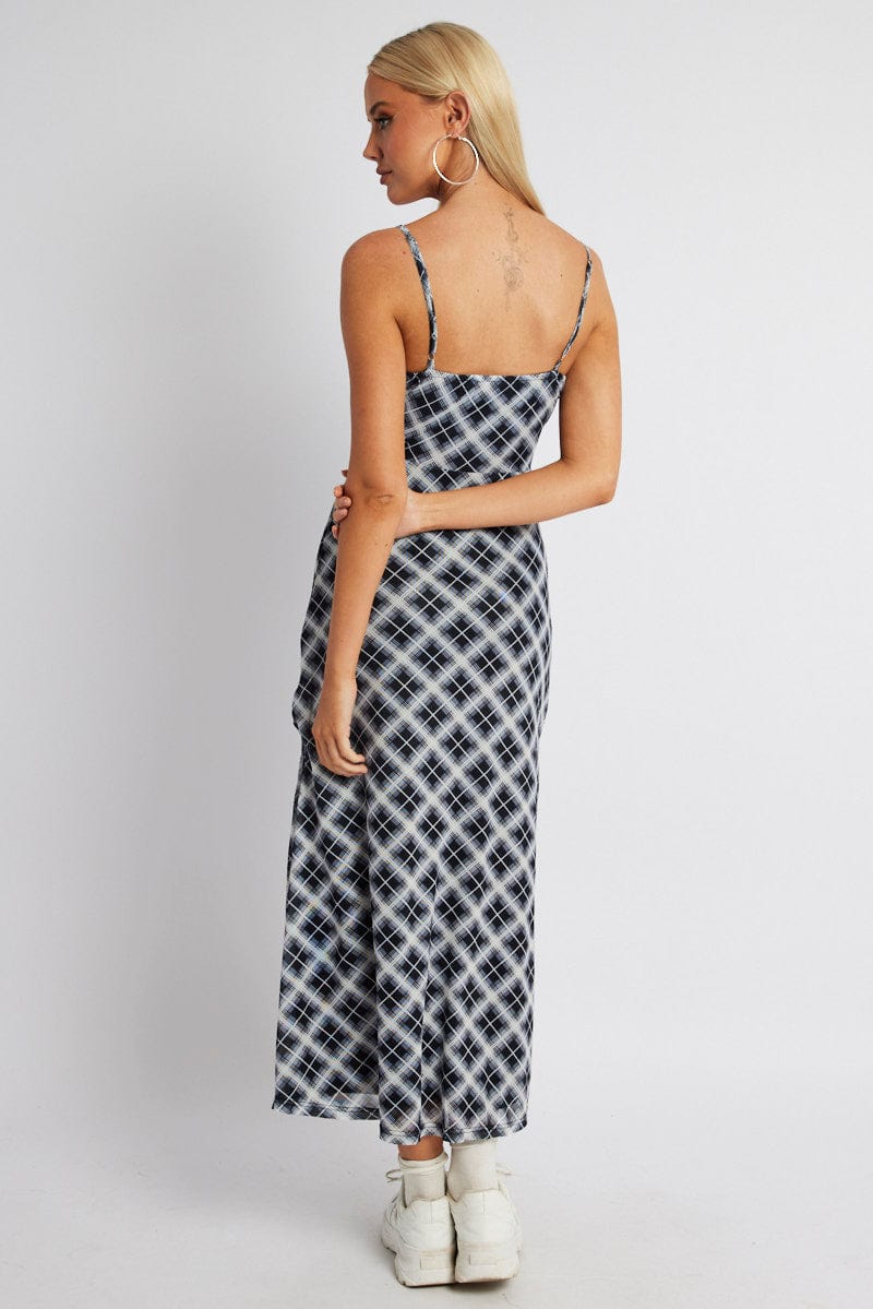 Black Check Midi Dress Gathered Bust Strappy Mesh
