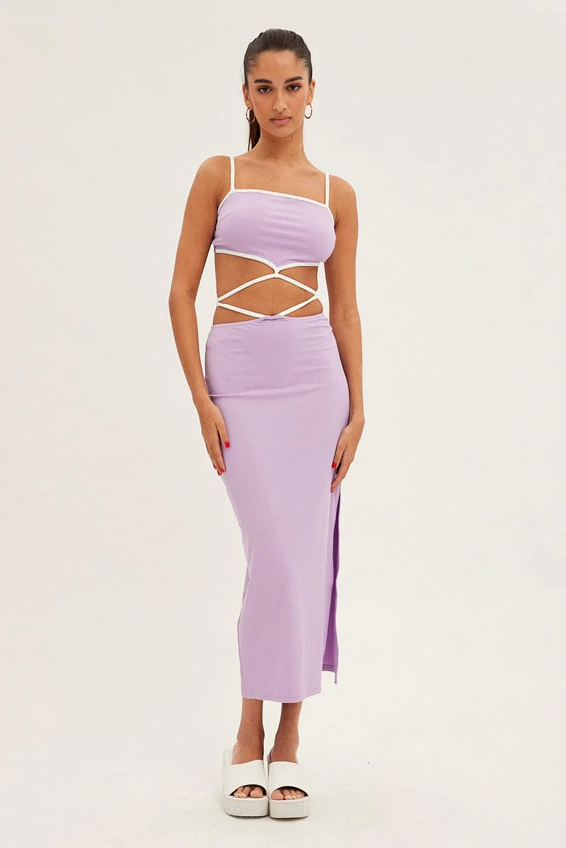 Purple Tie Top Sleeveless Crop Contrast Ribbed