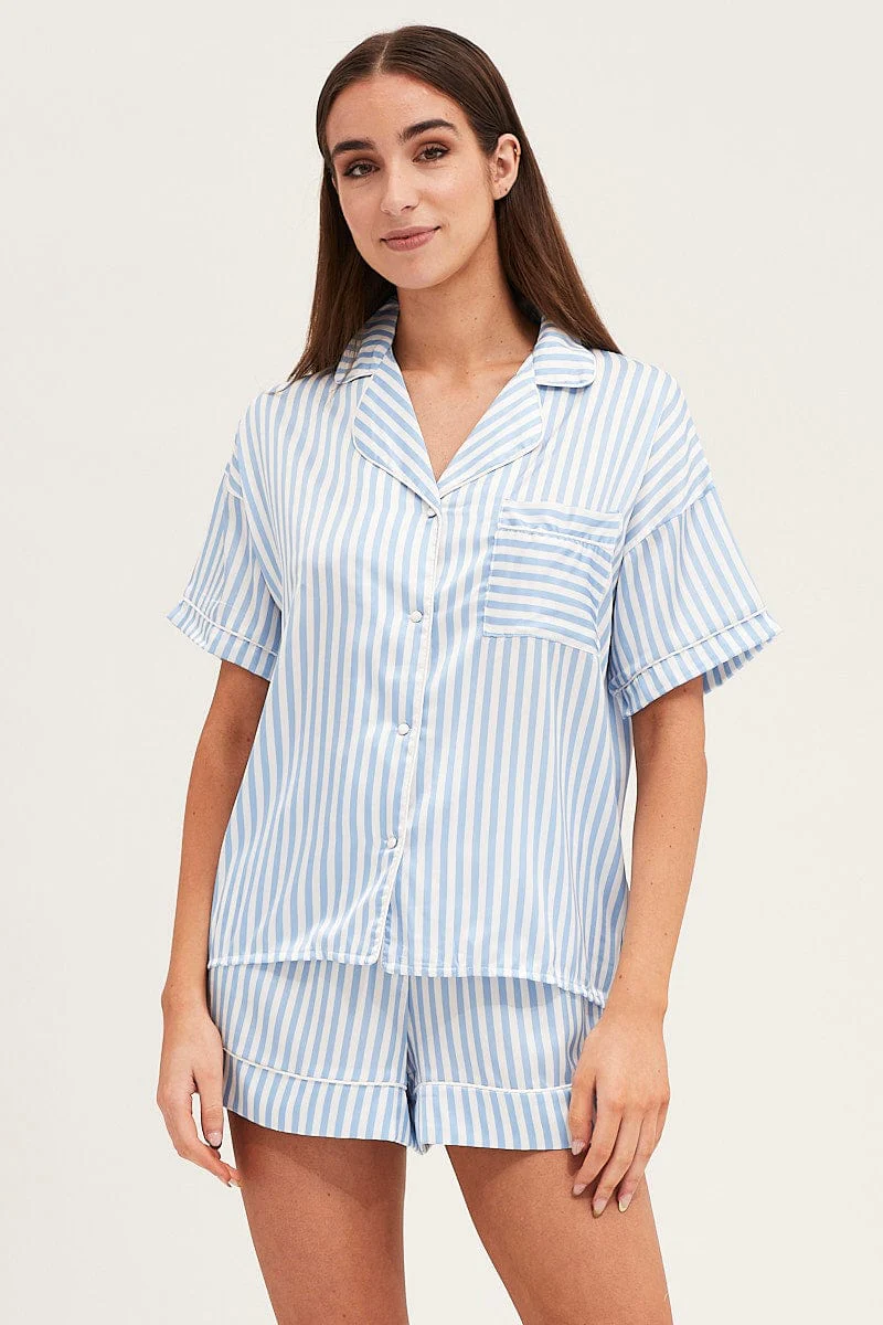 Stripe Satin Short Sleeve Top & Shorts Pj Set
