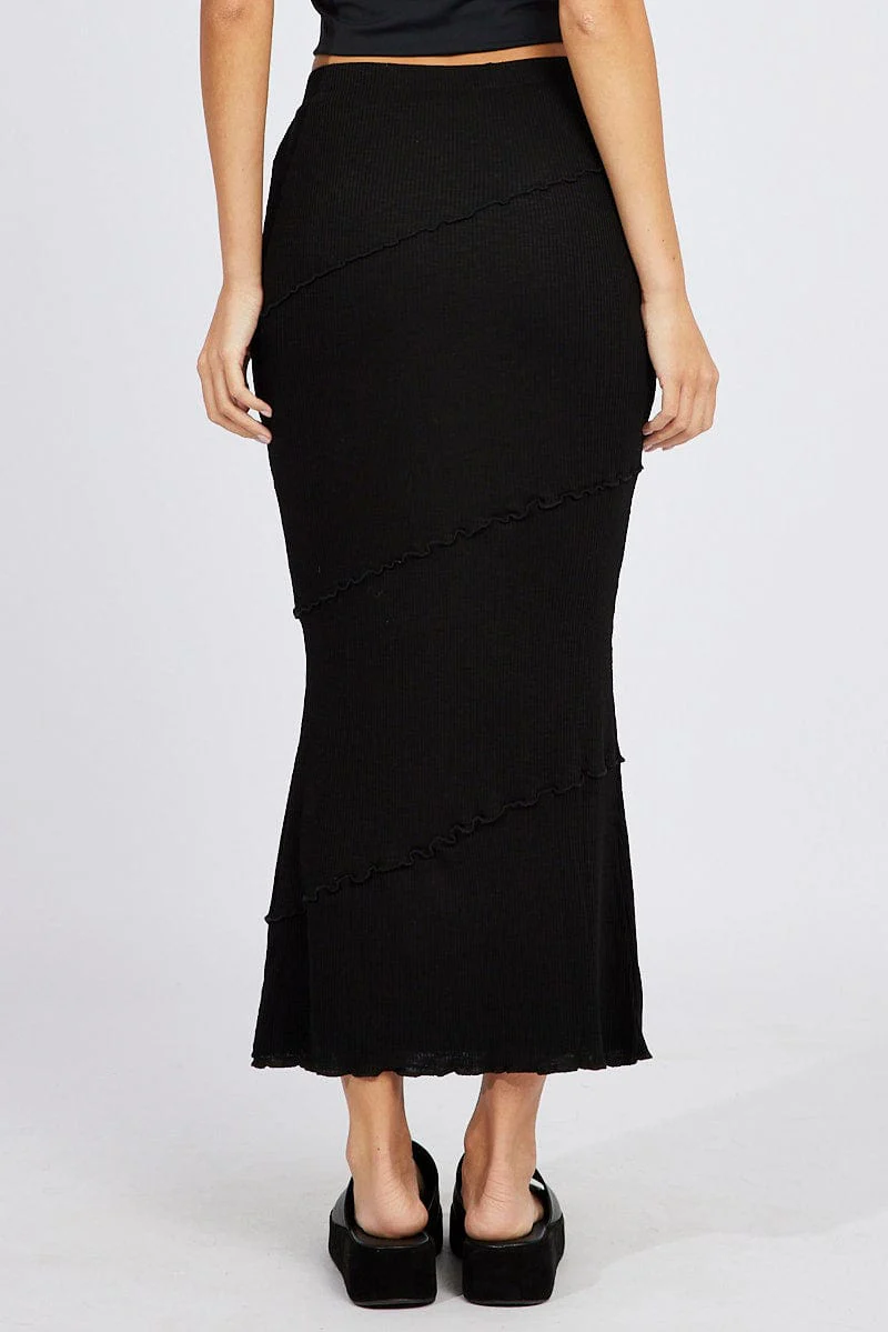 Black Midi Skirt Bodycon High Rise Rib Jersey