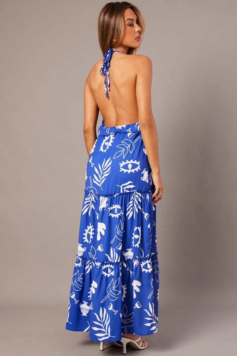 Blue Abstract Maxi Dress Halter Neck Tiered Ruffle Dress