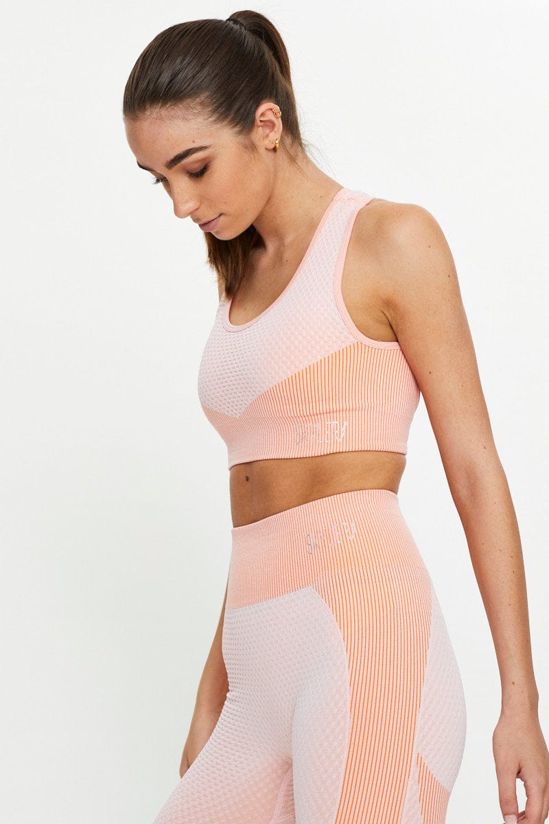 Orange Seamless Contrast Panel Activewear Sports Bra