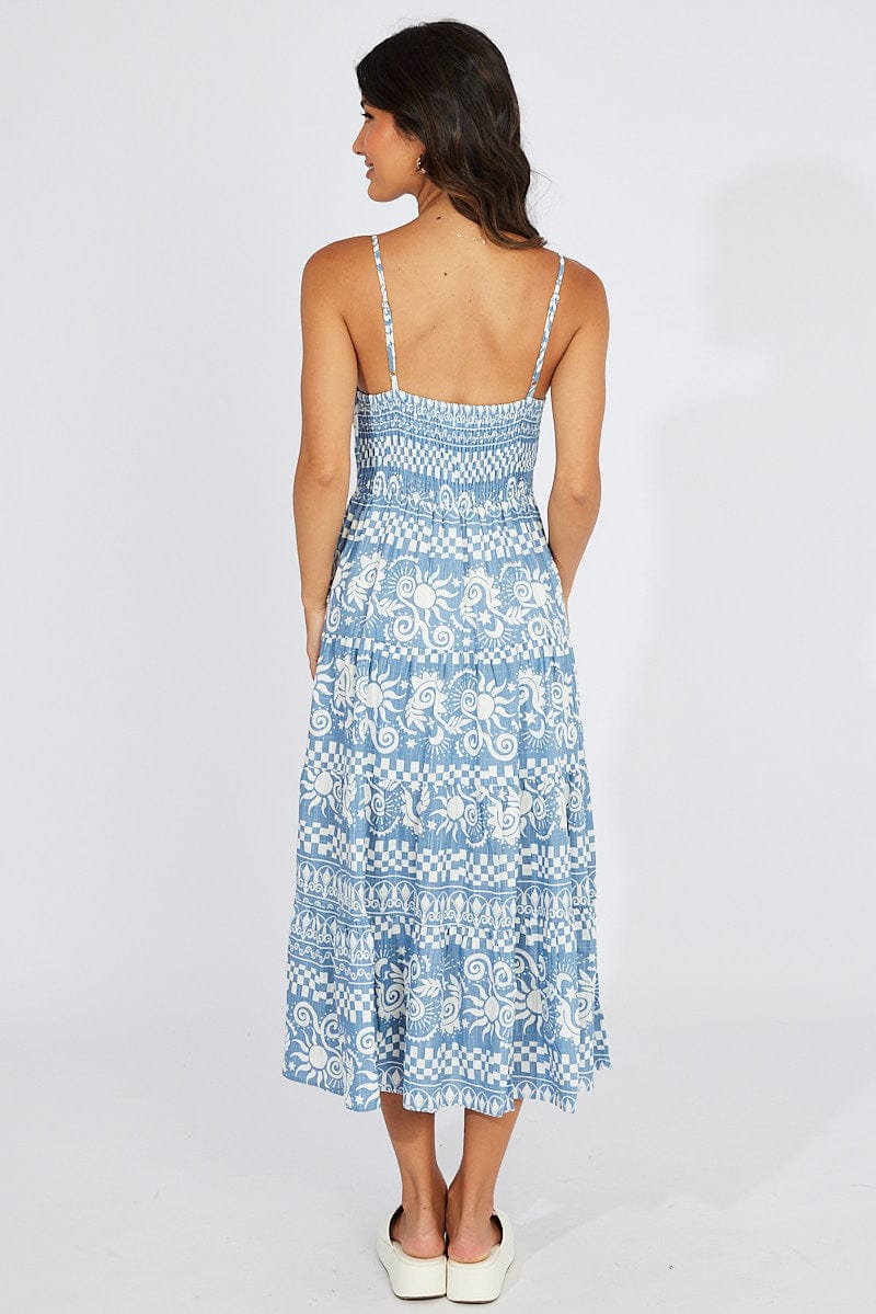 Blue Abstract Maxi Dress Tiered Strappy