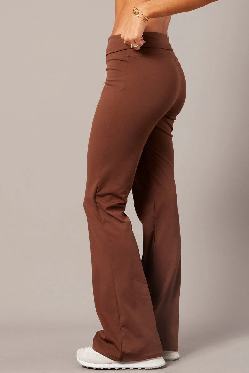 Brown Flared Pants Fold Up Waist Mid Rise