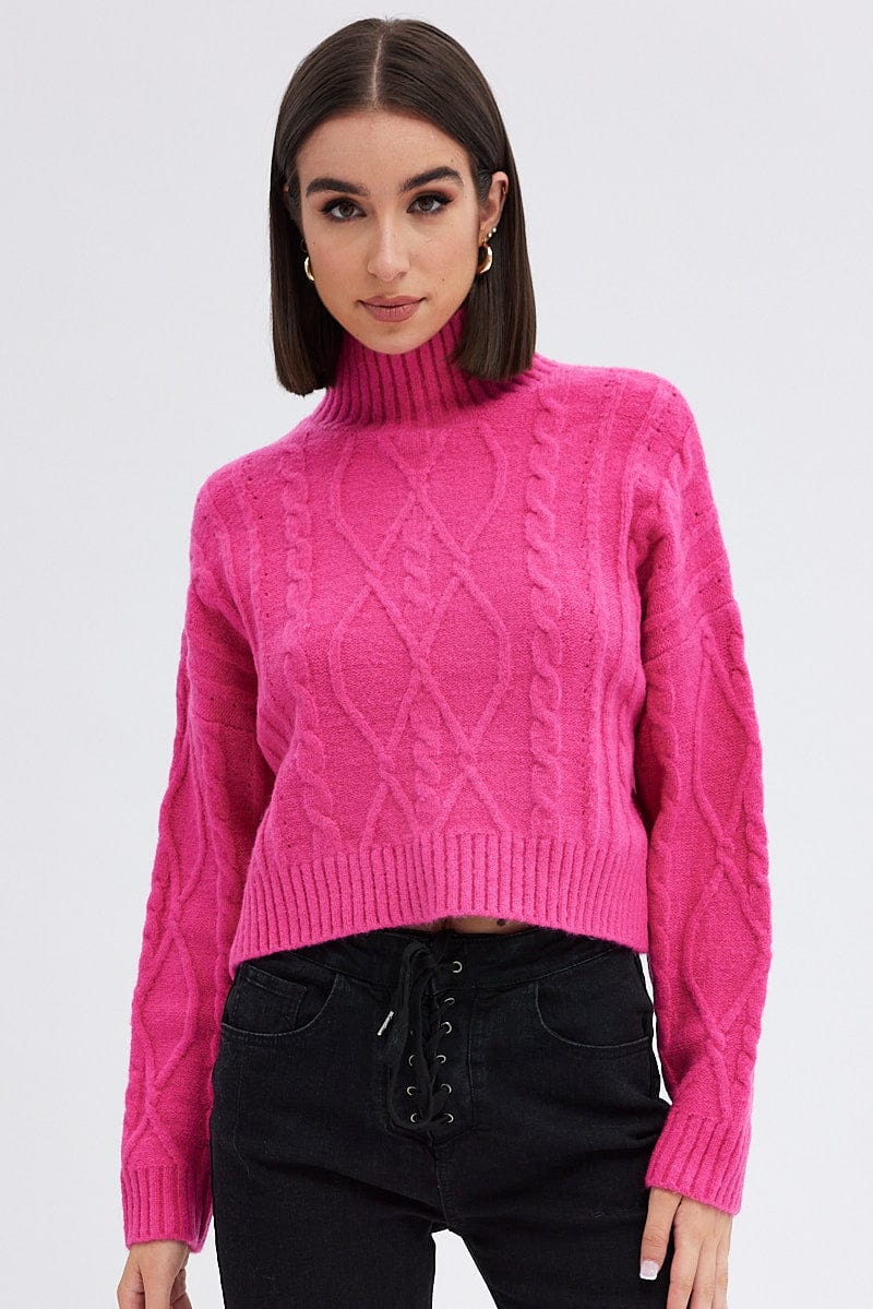 Pink Cable Knit Jumper High neck