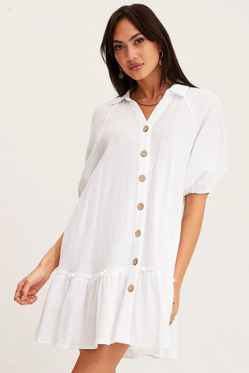 White Mini Dress Short Sleeve V Neck