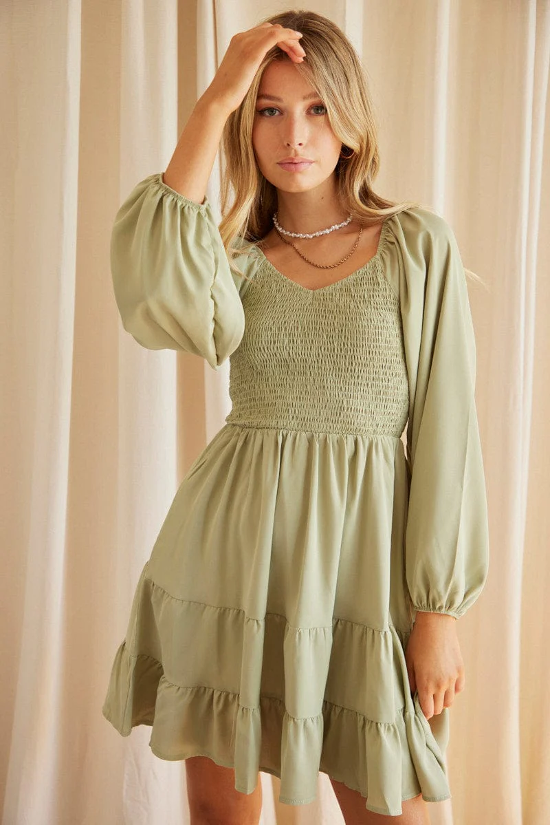 Green Shirred Dress Long Sleeve Mini