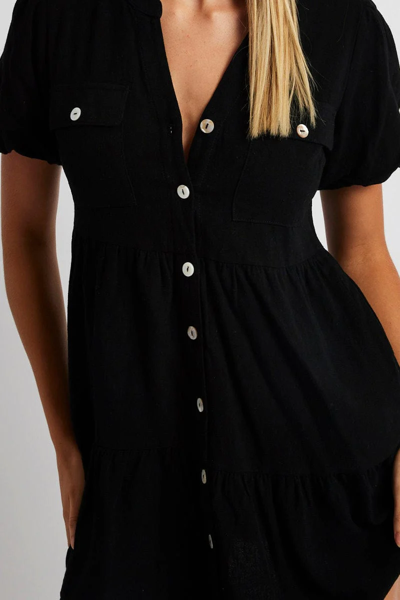 Black Button Through Mini Dress Collar Linen Blend