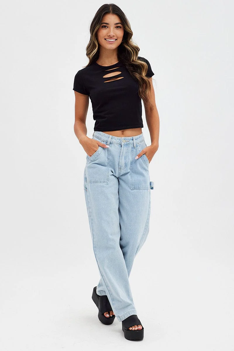 Black Crop Top Short Sleeve Crew Neck Keyhole Cotton