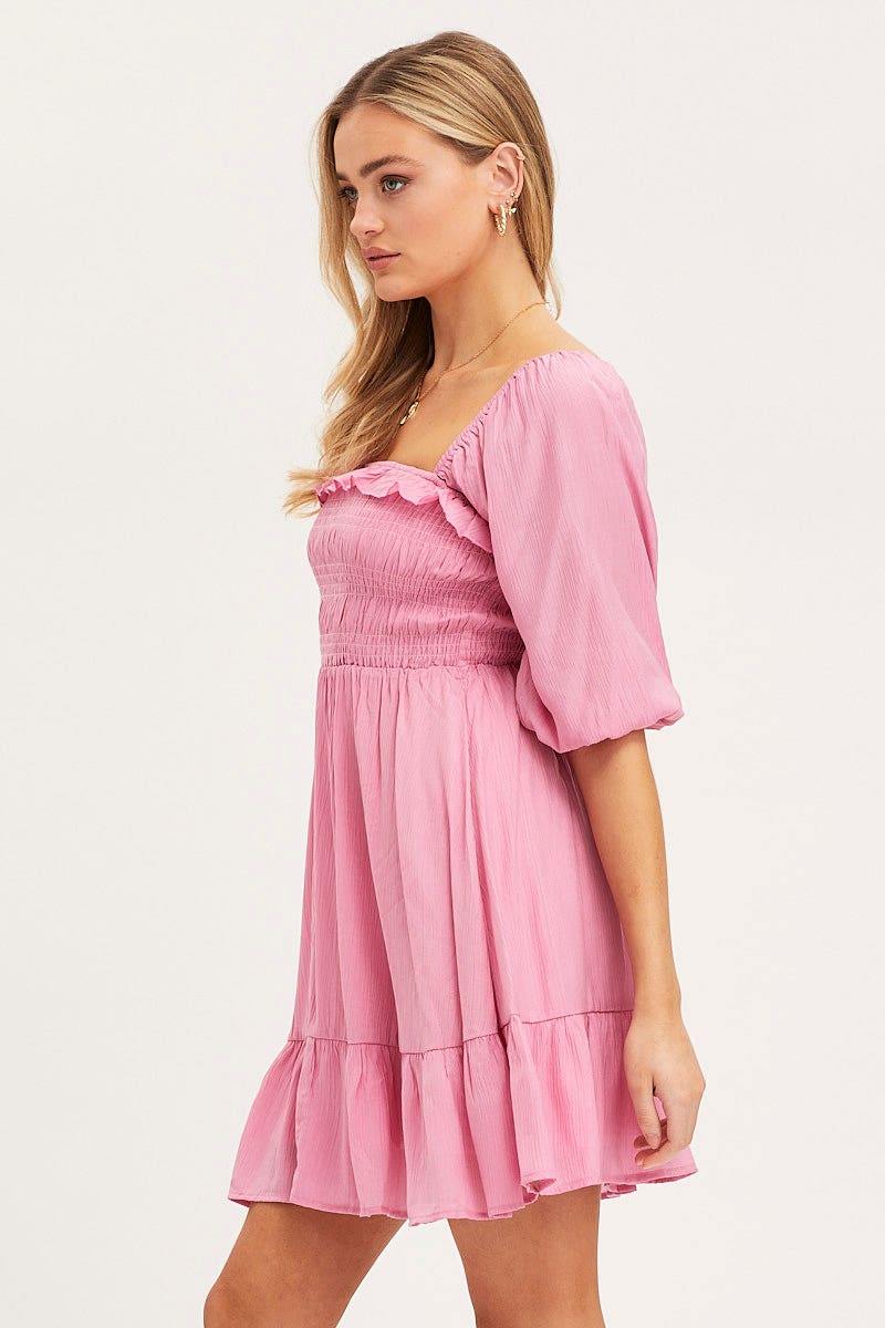 Pink Mini Dress Short Sleeve Evening