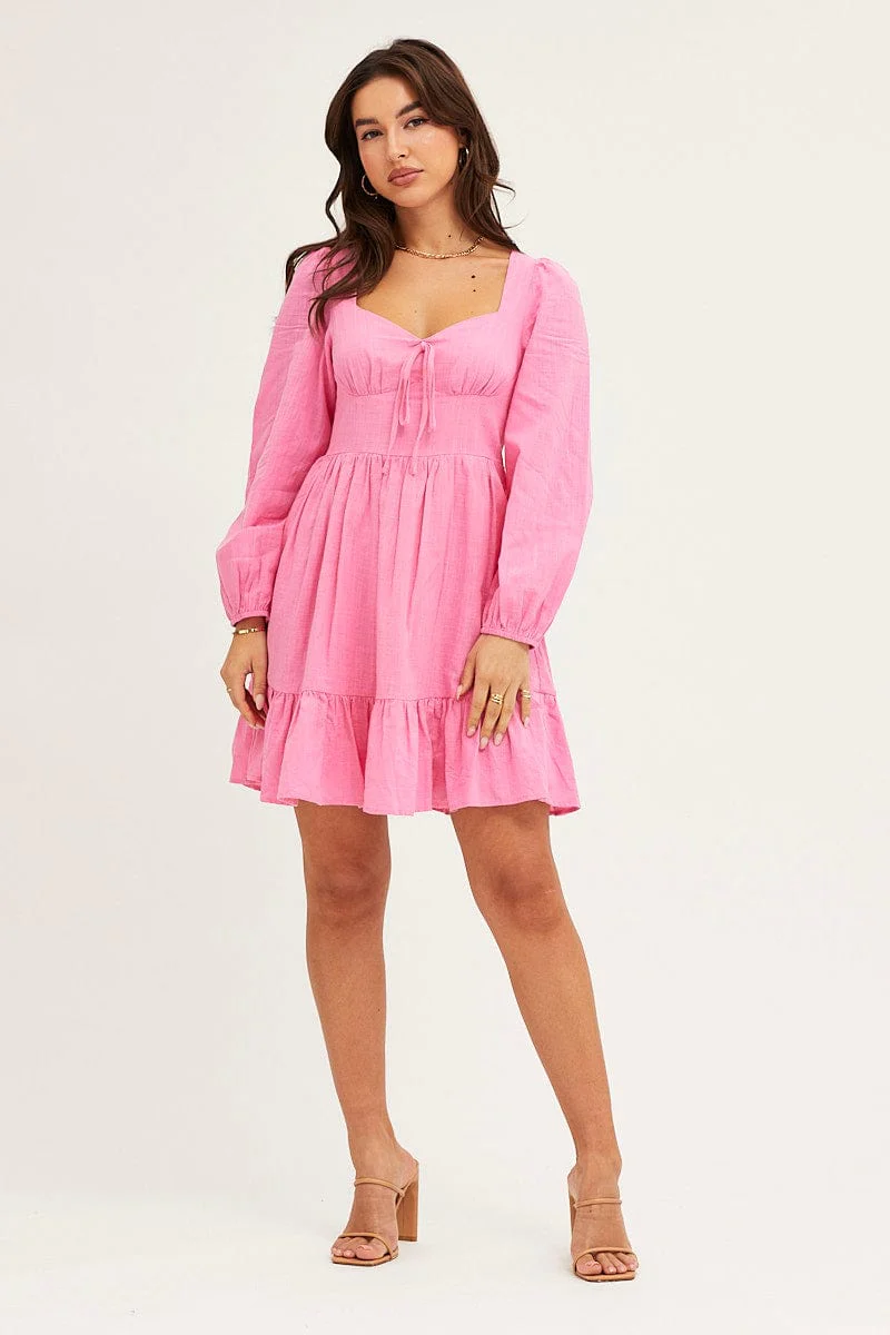 Pink Skater Dress Puff Sleeve Mini