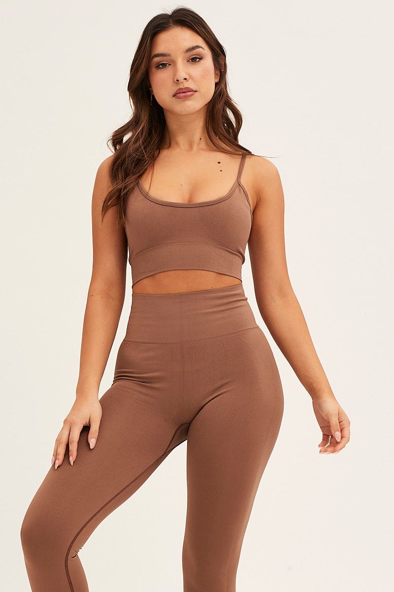 Brown Seamless Activewear Top And Pants Set