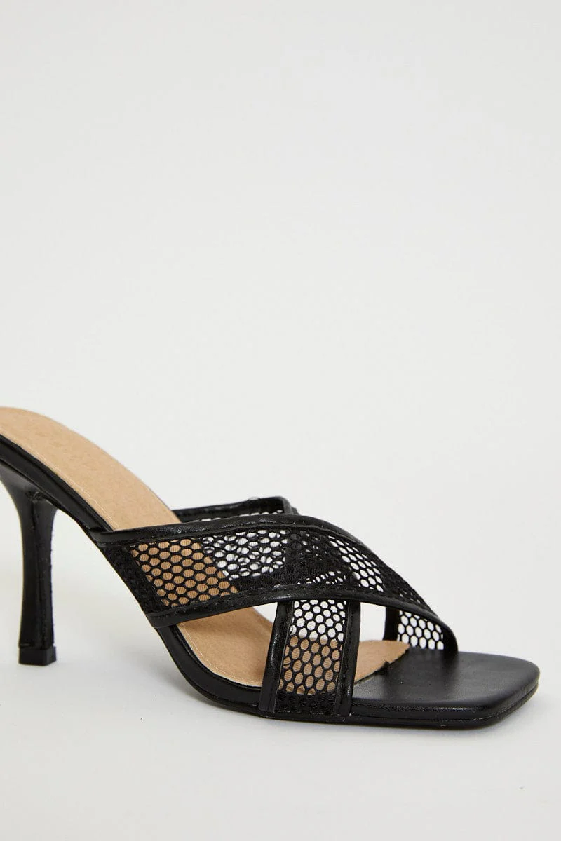 Black Penelope Cross Over Mesh Strap High Heel Mule