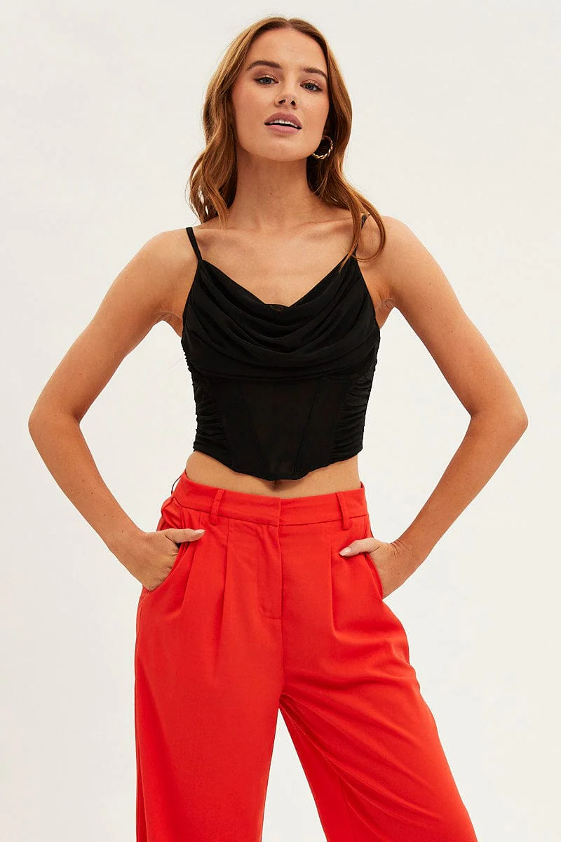 Black Corset Top Sleeveless Cowl Neck Crop Mesh