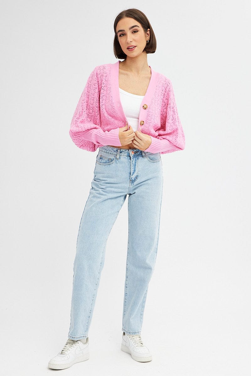 Pink Knit Cardigan Long Sleeve Crop