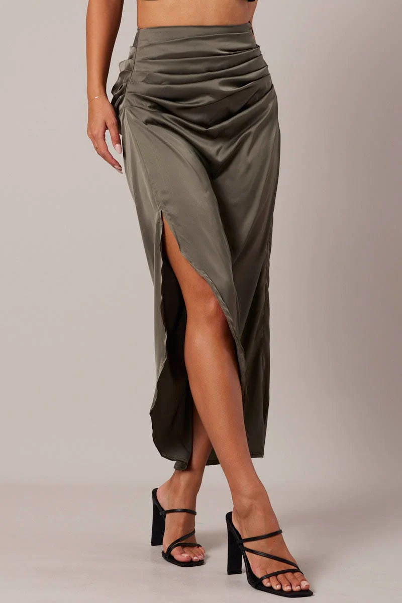 Green Ruched Maxi Skirt Draped Satin Skirt
