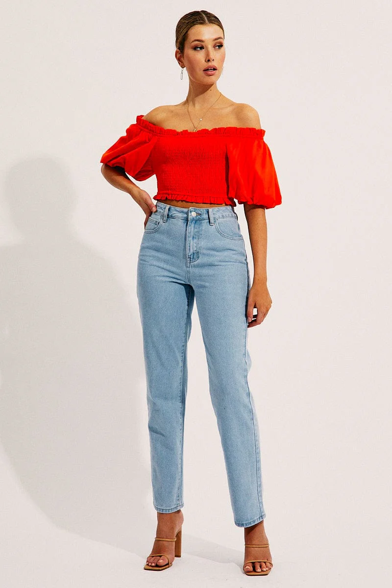 Orange Shirred Top Volume Short Sleeve Crop Linen Blend