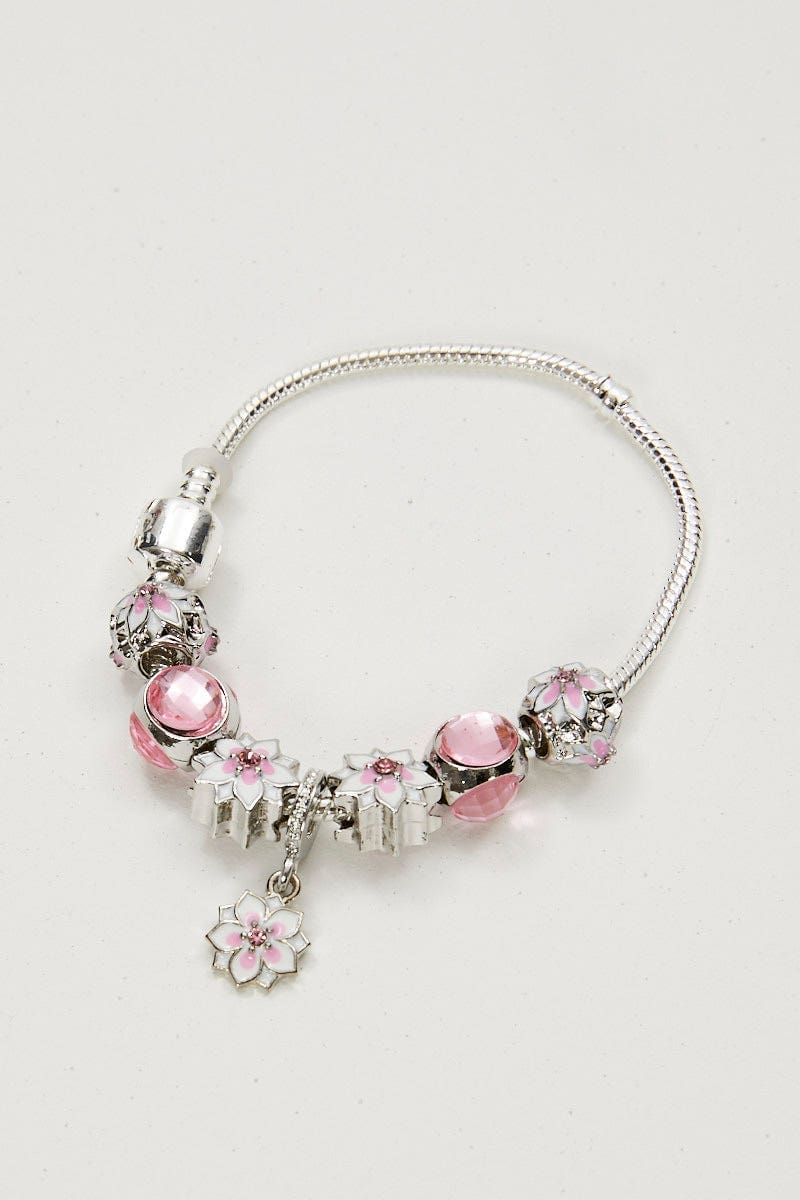 Silver Charm Bracelet With Flower Beads