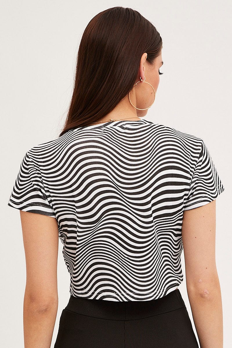 Abstract Print Abstract T-Shirt Drawstring Crew Neck Crop