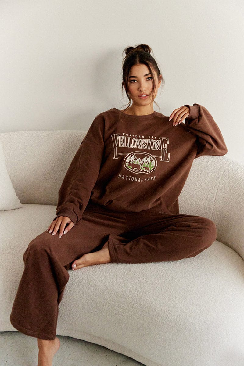 Brown Sweat Shirt Long Sleeve Crew Neck Yellowstone