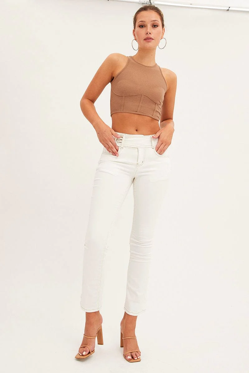 White Low Waist Belted Flared Jeans