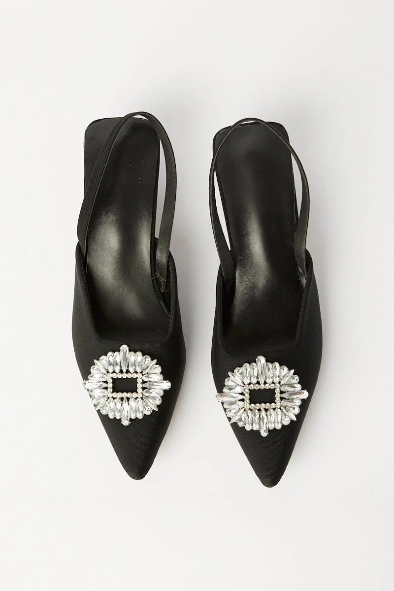 Black Rhinestone Decor Heeled Slingback