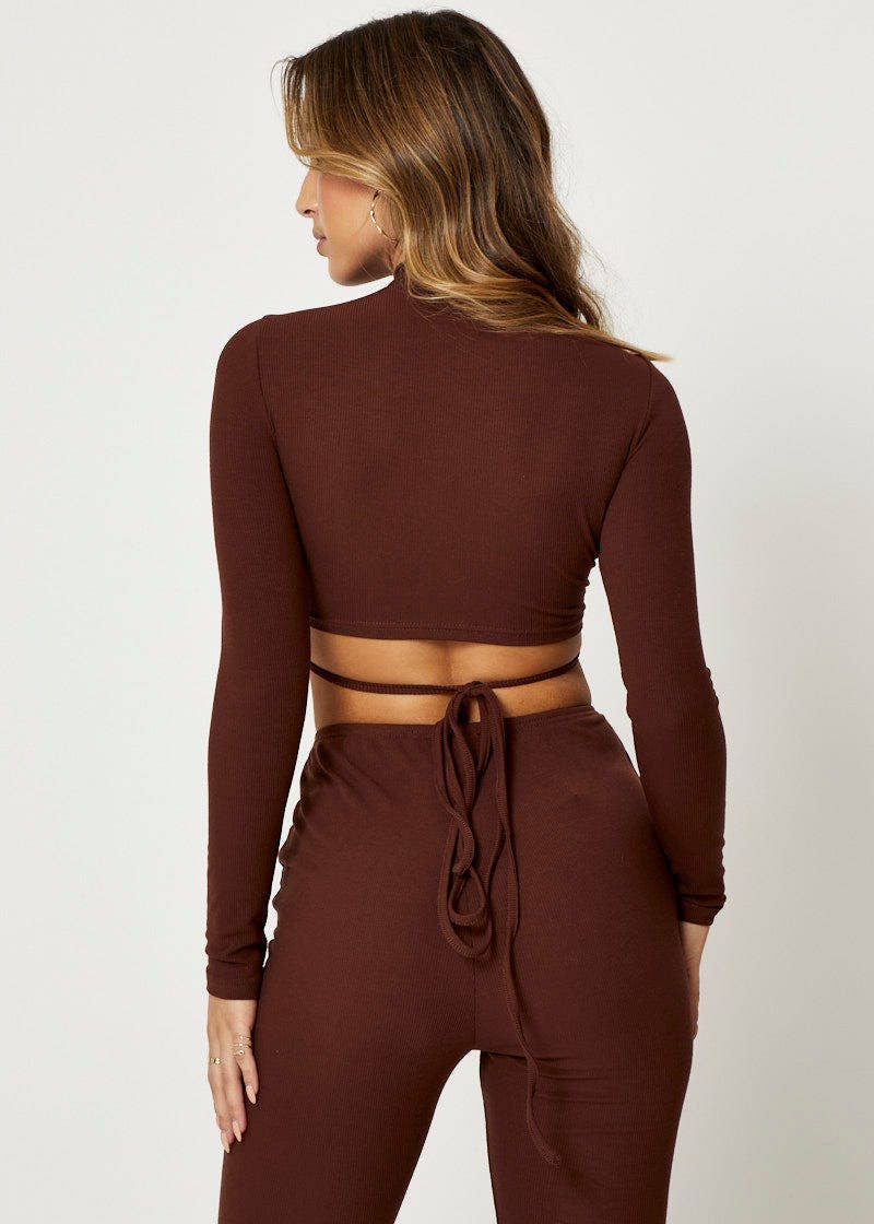 Brown Wrap Top Long Sleeve