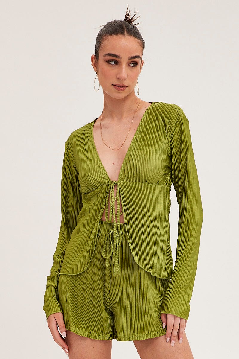 Green Tie Front Long Sleeve Top