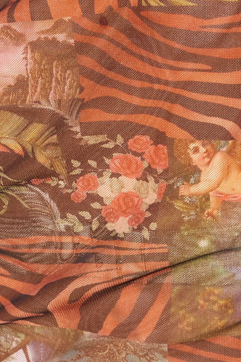 Brown Abstract Landscape Print Mesh Short Sleeve Top