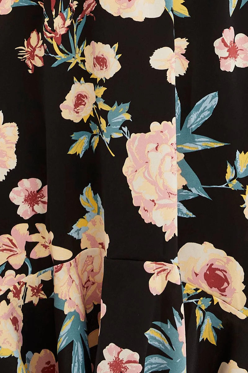 Black Floral Tie Front Floral Midi Dress