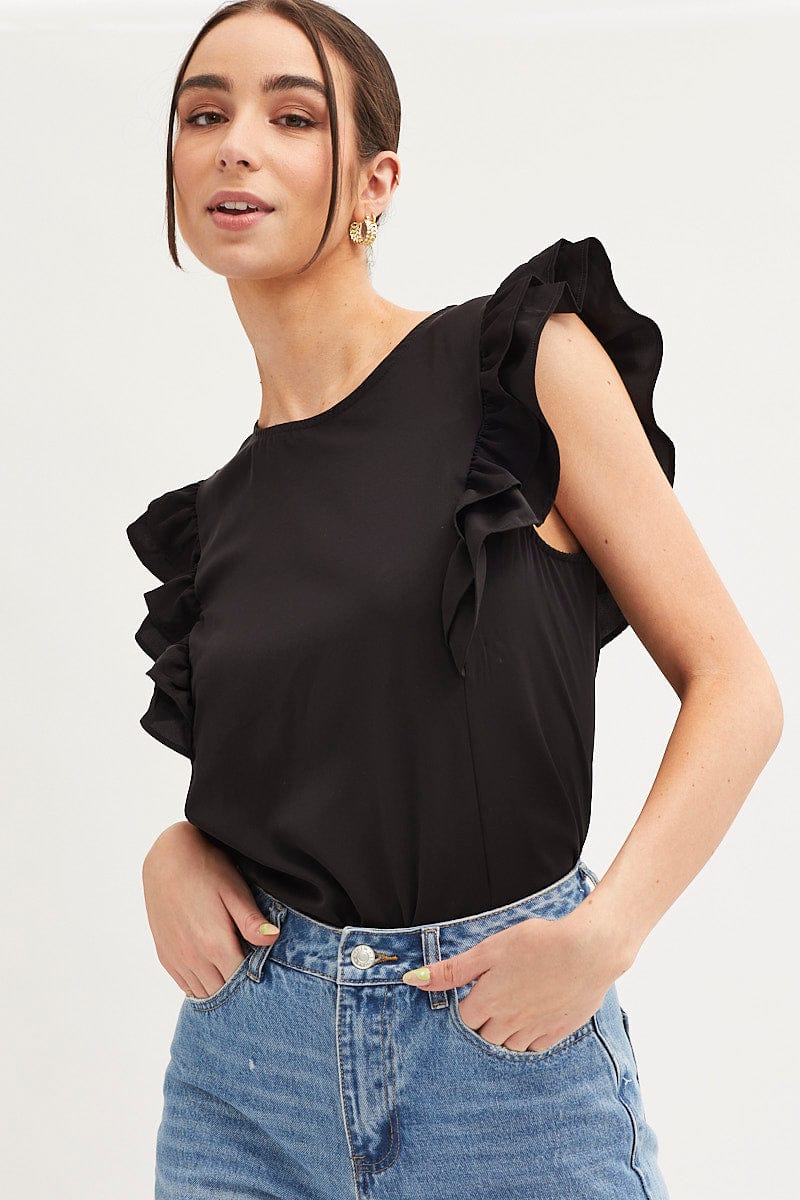 Black Ruffle Sleeve Top
