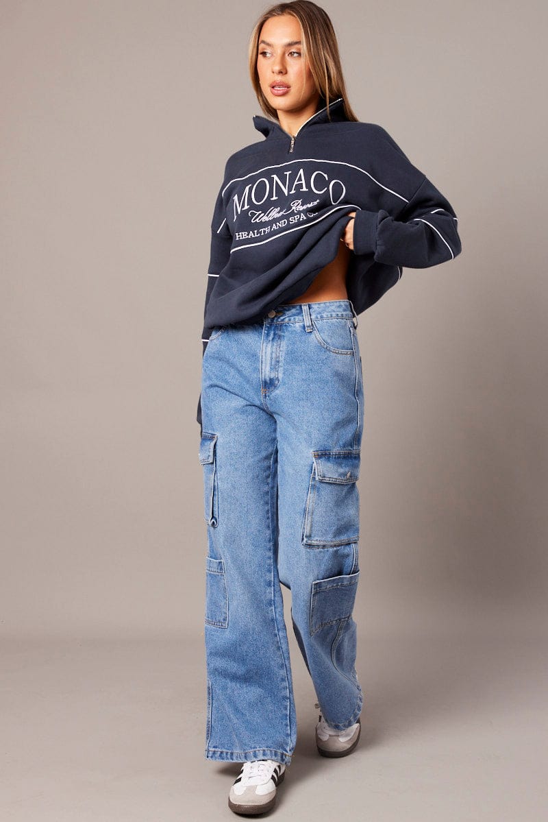 Blue Zip Sweater Funnel Neck Oversized
