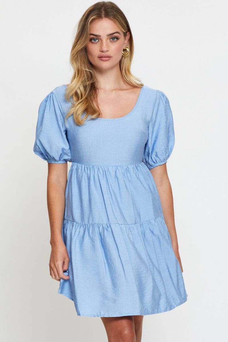 Blue Fit And Flare Dress Short Sleeve Open Back