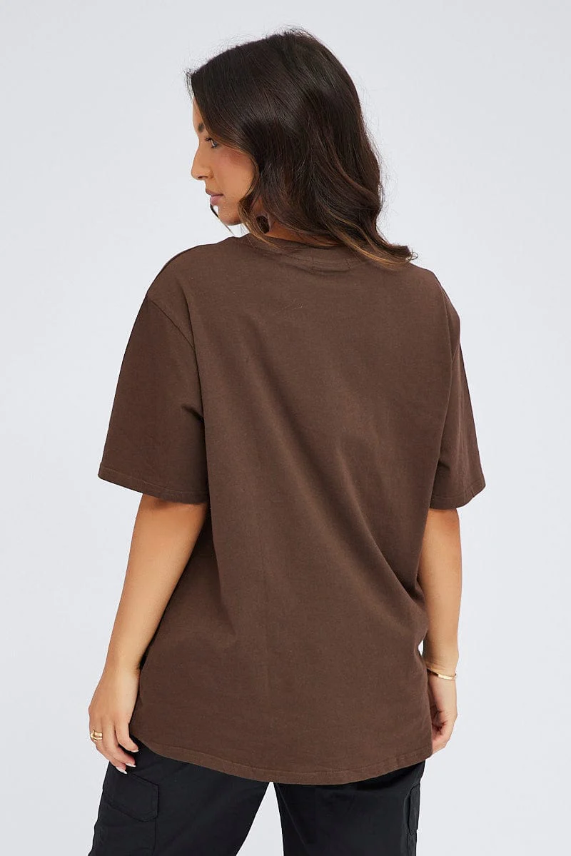 Brown Graphic Tee Short Sleeve Oversized Round Neck