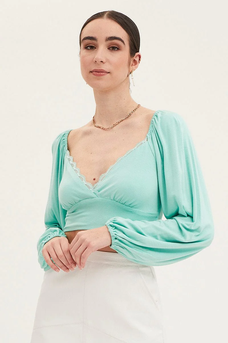Green Top Long Sleeve Lace Trim