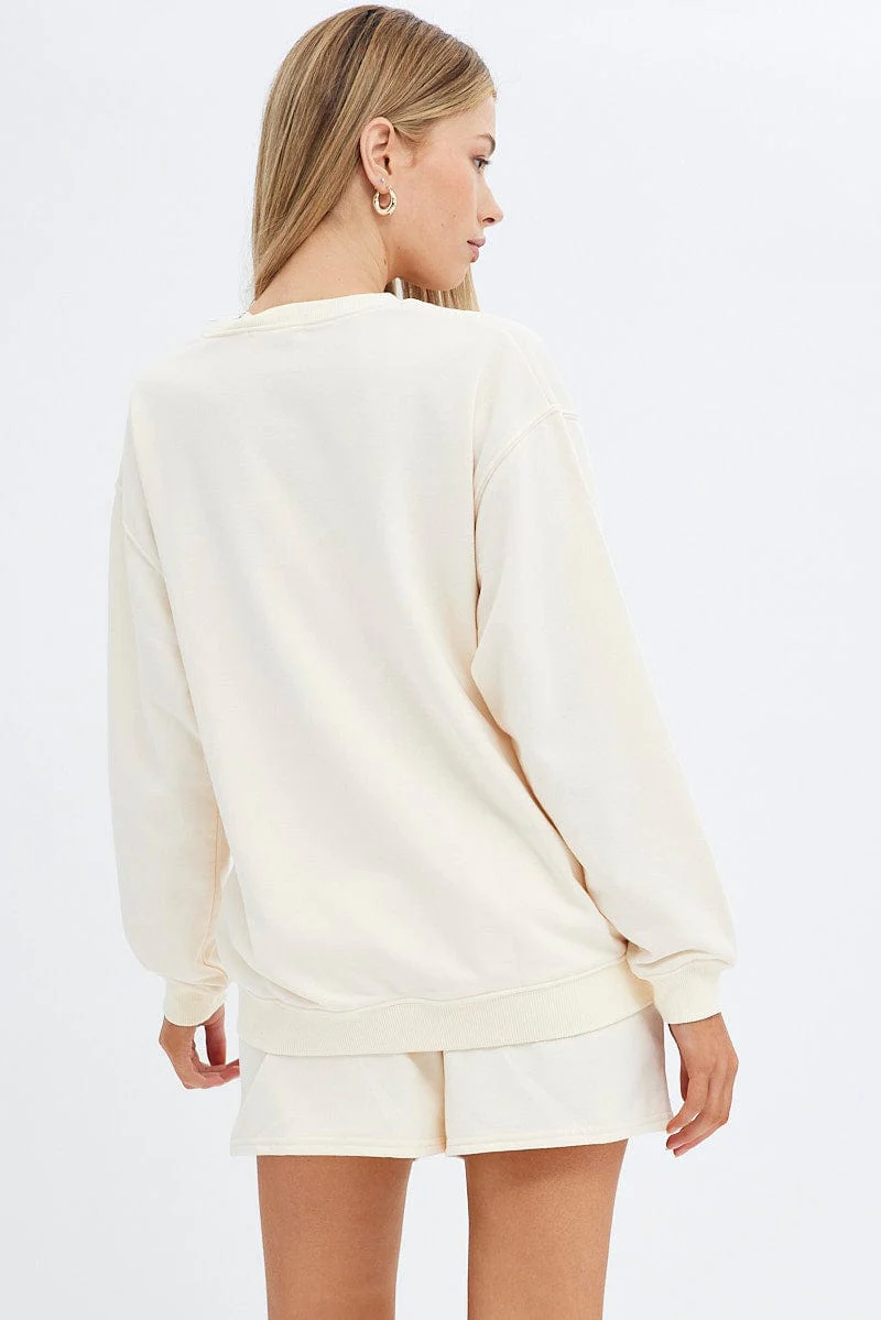 Cream Sweater Varsity Embroidered Monaco Slogan