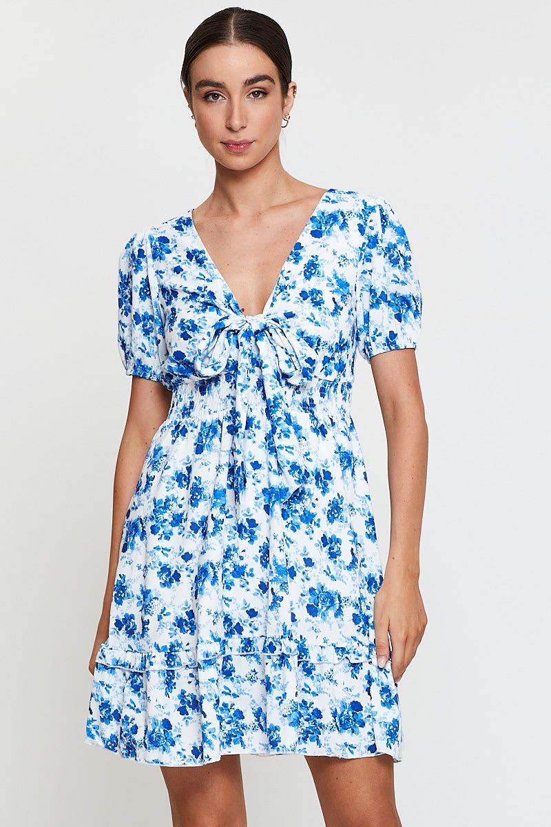 Print Mini Dress Short Sleeve V Neck Tie