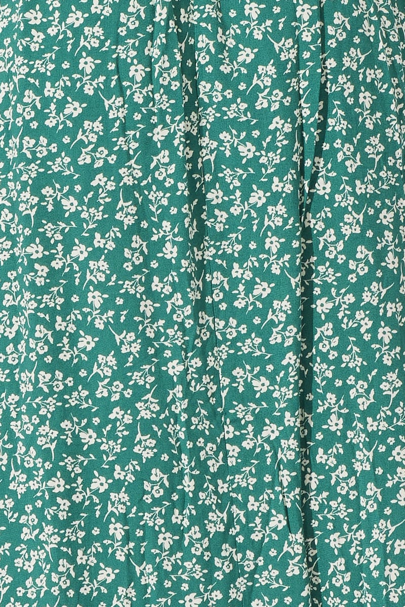 Green Ditsy Midi Dress Short Sleeve Shirred Waist