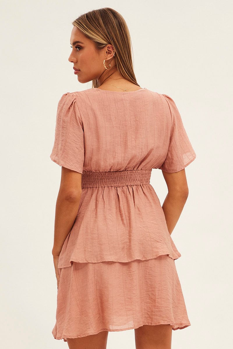 Pink Tiered Dress Flutter Sleeve Wrap Front Tiered Hem