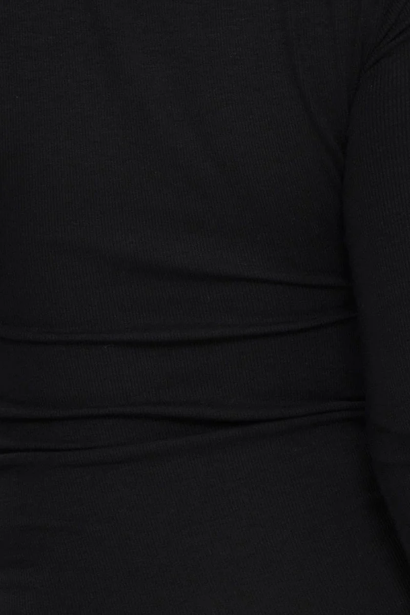 Black Drawstring Front Bodycon Ribbed Dress