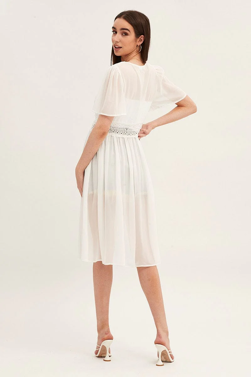 White Short Sleeve Eyelet Tie Front Kimono