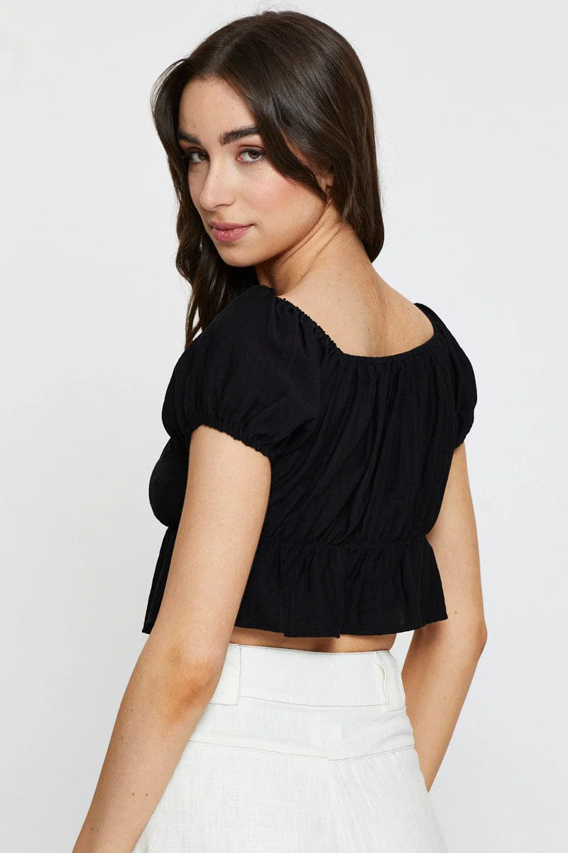 Black Crop Top Short Sleeve Square Neck
